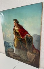 Lorenz Clasen Oil Painting German Woman Warrior Rhine River Coat Of Arms 19th C.