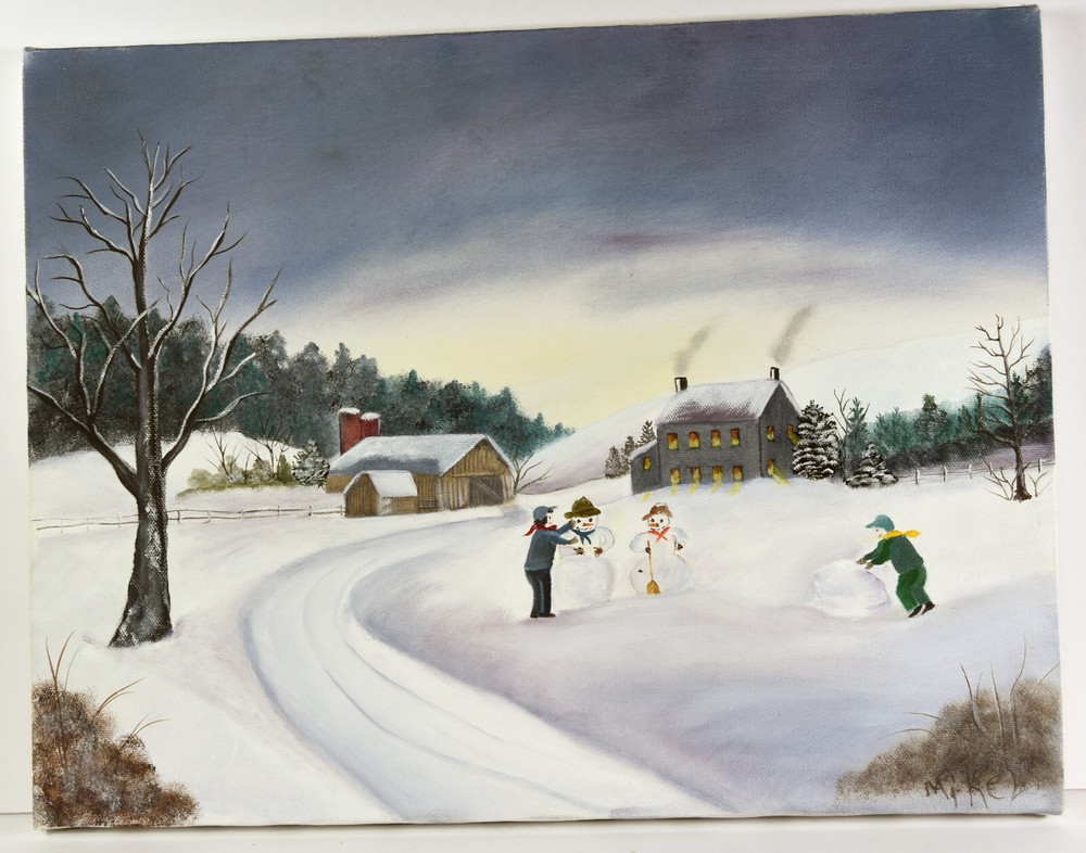 18″ Oil Painting Canvas Lea Mikel Winter Time Landscape Snowman Rustic Decor #46