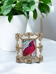 Red Cardinal bird watercolor print in mini gold vintage style ornate frame