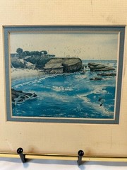 VINTAGE COASTAL BEACH SCENE PICTURE WITH SOFT COLORS OF BLUES AND BEIGES W/GOLD