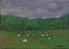 Original Landscape Painting Sheep in Hills 5×7 Acrylic Modern Wall Art