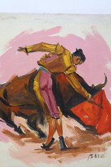 Vtg Mid Century Matador Bullfighter Oil Painting Canvas Board Signed Baez MCM