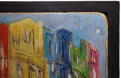 MID-20TH CENT c.1960’S VINT HAND PAINTED CEMENT STREETSCAPE TILE ART, WOOD FRAME