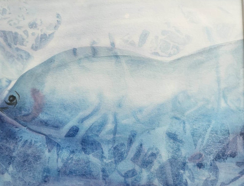 Fish Original Art 14X11 Paper Blue Fish Under Water