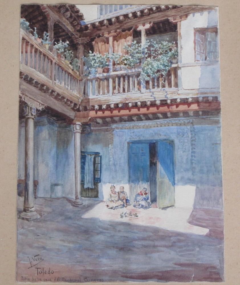 JUAN JOSE VERA (b. 1926) ESTEEMED MEXICO ARTIST WATERCOLOR PAINTING, PATIO