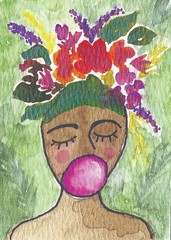 Original ACEO Watercolor 2.5 x 3.5, Signed, title: Rain Forest Queen