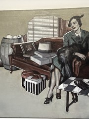 Antique Art Deco Painting Portrait Pretty Woman Large Oil Illustration 1930’s