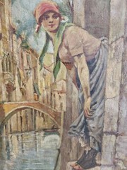 Antique WOMAN BY VENICE CANAL Oil Painting by Donatus Buongiorno ITALY Framed