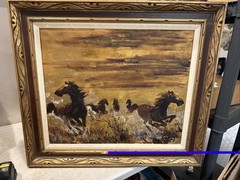 31×28” Large Signed Real Oil On Canvas Painting Wild Horses Stallion Equine