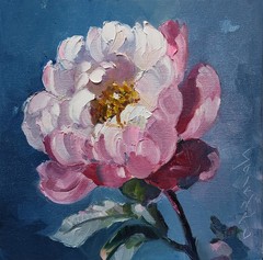 Original oil painting, Flower, Peony, Impressionism, Realism, Pink, Blue