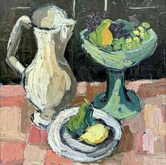 Oil On Panel Still Life Pitcher White And Cut Fruit Green