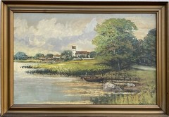 Impressionist Coastal Landscape Village by the Sea Houses Church Boat Cloudy Sky