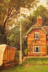 Charming Antique Framed Oil Painting English Cricket Pavilion Sports Victorian