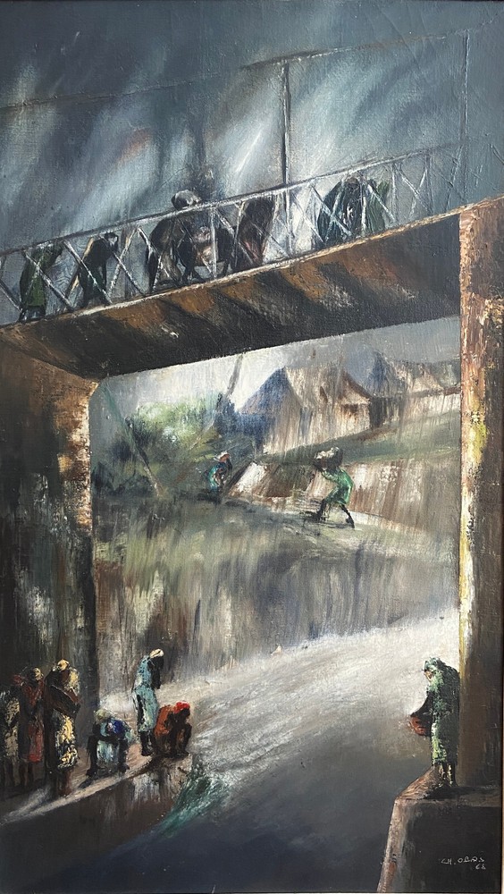CHARLES OBAS: Haitian Haiti, Rain Scene, Village, Caribbean, 24″x40″
