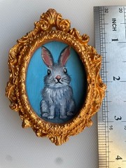 Original Mini Rabbit Oil Painting Cute Bunny Portrait Ornate Gold Baroque Frame