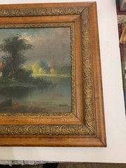 Antique Farm House Landscape Oil Painting on Board Signed Wood Gesso Frame
