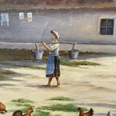 Vintage Mid Century Ukrainian Farm Landscape Painting Figural Daily Life 27×21″