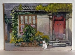 Urban Chinese Home Guarded by White Cat Contemporary Oil Canvas 7×5 Flowers