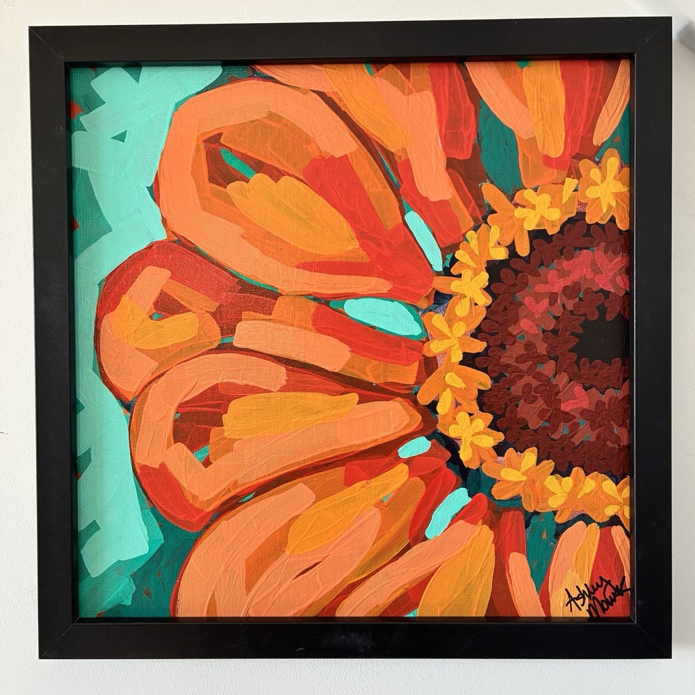 Zinnia Floral Painting 12×12 Framed Canvas Board Expressionism Ready To Hang Art