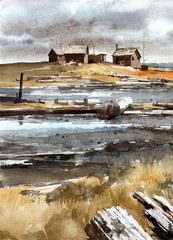 1970s CHALLIS GALLERIES Coastal Harbor Scene Watercolor by Ritchie Benson