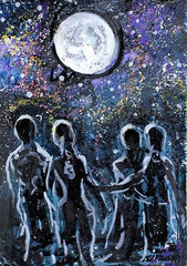 ACEO Original Painting UNITY Universal Awareness Moon People Love Stars ATC ART