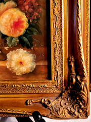 BEAUTIFUL GILT FRAME STILL LIFE OF FLOWERS IN VASE OIL ON BOARD, 14.5“X 12.5“