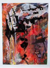 Abstract painting original signed 9 1/8 by 13 inch primed paper .