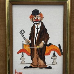 Vintage Clown hand painted Signed Matted Framed Mid Century