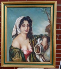 Vintage Oil Painting on Canvas GYPSY GIRL WITH JUG Framed mid century