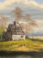Mid-Century Serene Cottage by a Lake- Rustic Painting by Brenner – Framed – VTG