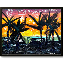 Original Signed Beach Palm Trees Graffiti Mixed Media Art Painting 11×14 OOAK