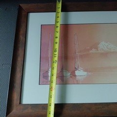 Jennifer Bowman Painting Watercolor Sailboats Mountain Pinks Oranges Framed OOAK