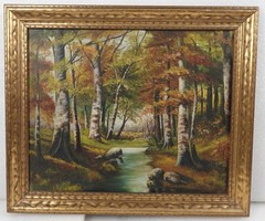THERESE CONTOS 1940 OIL PAINTING CANVAS AUTUMN LANDSCAPE RIVER BIRCH BARK TREES