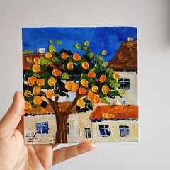 Orange trees in Portugal Painting Original Art Impasto Oil Painting 3D Art 6×6″
