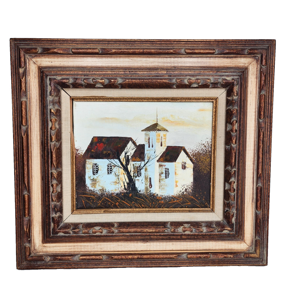 Vintage Oil Acrylic Painting Church Scene Hand Carved Frame MCM 16×18 Framed