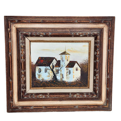 Vintage Oil Acrylic Painting Church Scene Hand Carved Frame MCM 16×18 Framed