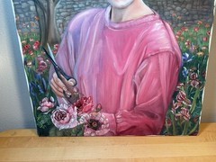 Original Painting on Canvas Portrait of LADY Woman Flowers Garden Shears -Signed