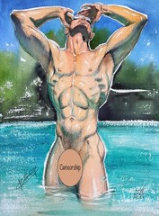 Art Gay Erotic Watercolor „Happyness Swimming “ 15,75 * 11,8 in. I.Bubentcov