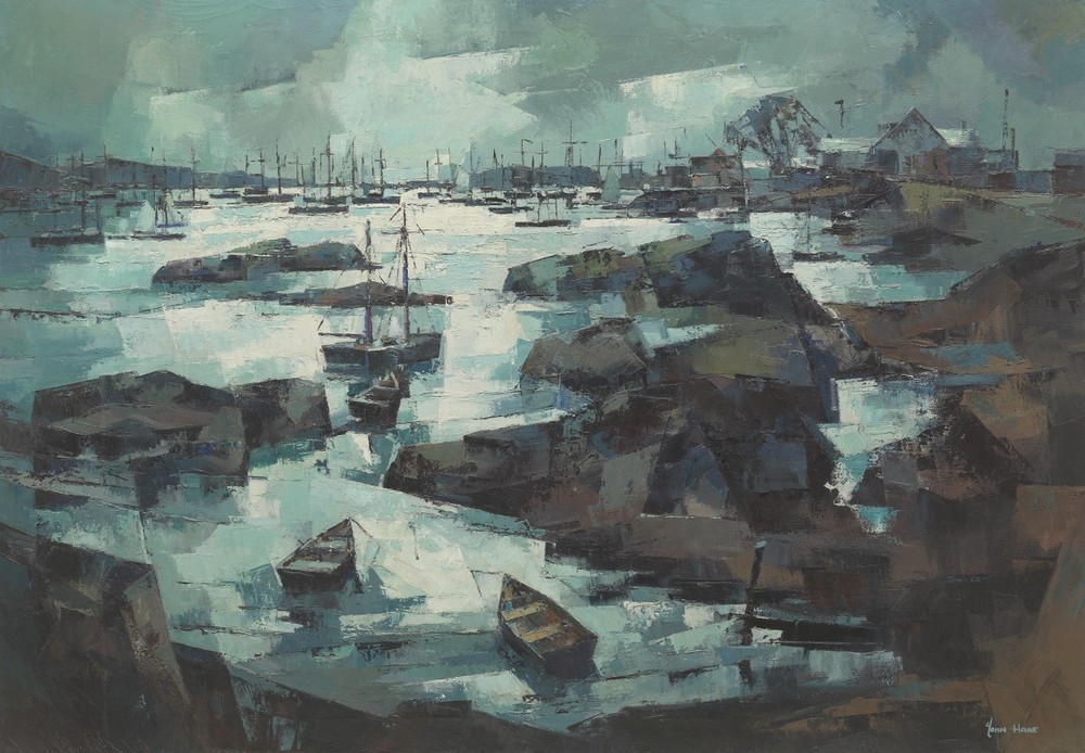 JOHN HARE Listed Artist Oil On Canvas 40×28 With Frame Nice, Harbor at night