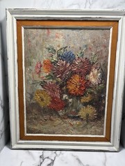 Vintage Floral Oil Painting Signed and Framed Orange Yellow Flowers