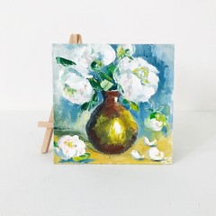 Original Impasto Peony Painting Coffee Table Decor Gift Flower Vase 6 x 6″