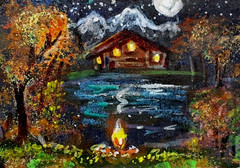 ACEO Original Painting Fall CABIN Star Fire Pumpkin Night Lake Landscape ATC ART