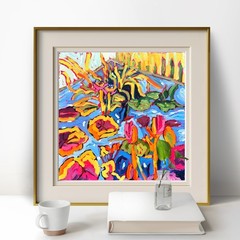 GERARD 12X12-Original Flower Painting Oil Abstract Blue Wall Art Ready to Hang