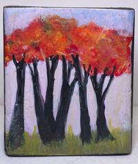 Original Acrylic Painting on Wood Block – Autumn Trees Landscape – Small Freesta