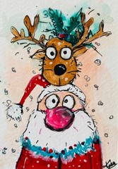 ACEO funny Cute Santa & Reindeer Christmas Acrylic Painting festive Art card NEW