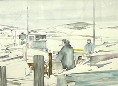 Watercolour Painting by Unknown Artist „Fisherman in Winter“ c. 1985