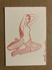 ACEO original art fashion red model pose colored pencil 2.5×3.5 by sydsfineart