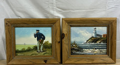 Signed Nautical Oil Paintings Lot of 2 Lighthouse & Sailor Framed Folk Art