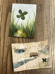 ACEO PRINT froggy’s adventure 1/2 lil frog clover Watercolor Painting 3.5×2.5
