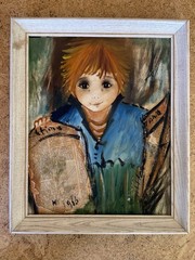 1966 ROGER ETIENNE BOY WITH NEWS PAPER And Girl With Doll PAINTING PARIS